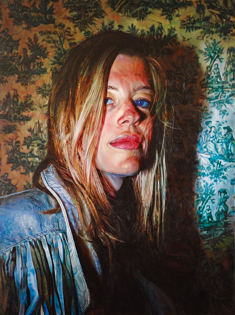 oil painting, Marie-France and her Leather Jacket, Doris Rose artist, portrait painting, figurative painting, Objectified