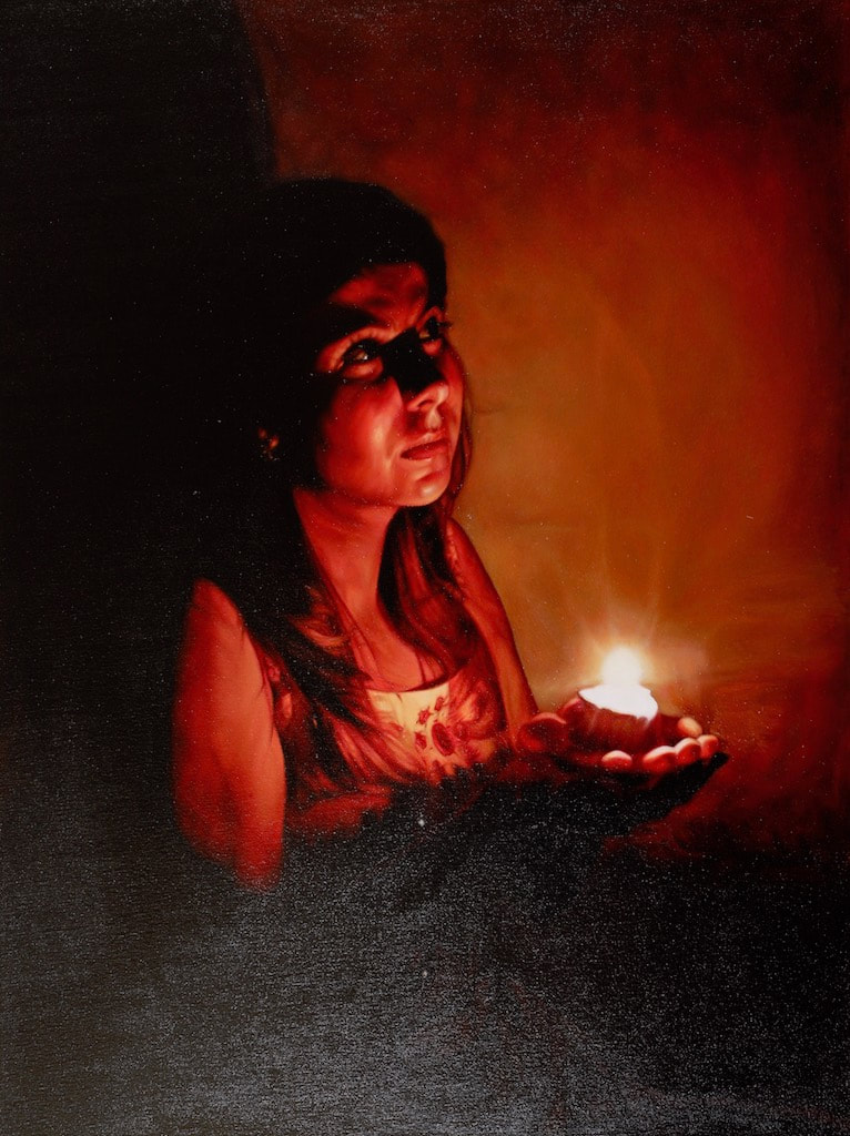 oil painting, Neha and her Diya, Doris Rose artist, portrait painting, figurative painting, Objectified