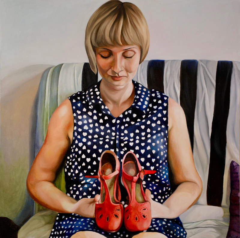 oil painting, Sarah and her Red Shoes, Doris Rose artist, portrait painting, figurative painting, Objectified