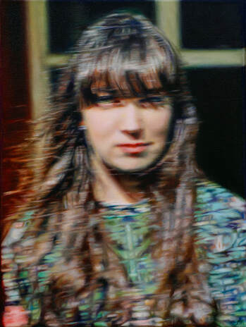 Oil painting of woman staring directly at the viewer.  It is a portrait but is blurry to look like an out of focus photograph.  By artist Doris Rose.