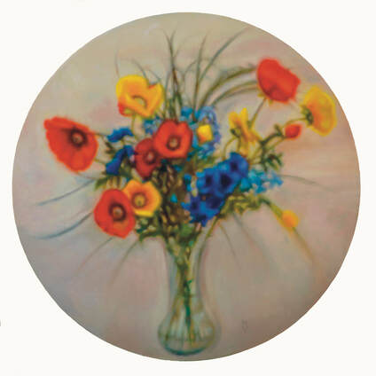 Picture, Painting of a vase of flowers in oil paint on a round wood panel.  The flowers are blurry like an out of focus photograph.