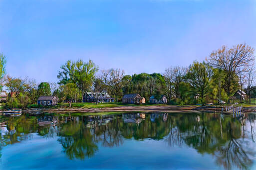 digital painting by doris rose of a scenic view over a lake with houses and trees reflected in the glassy water below.