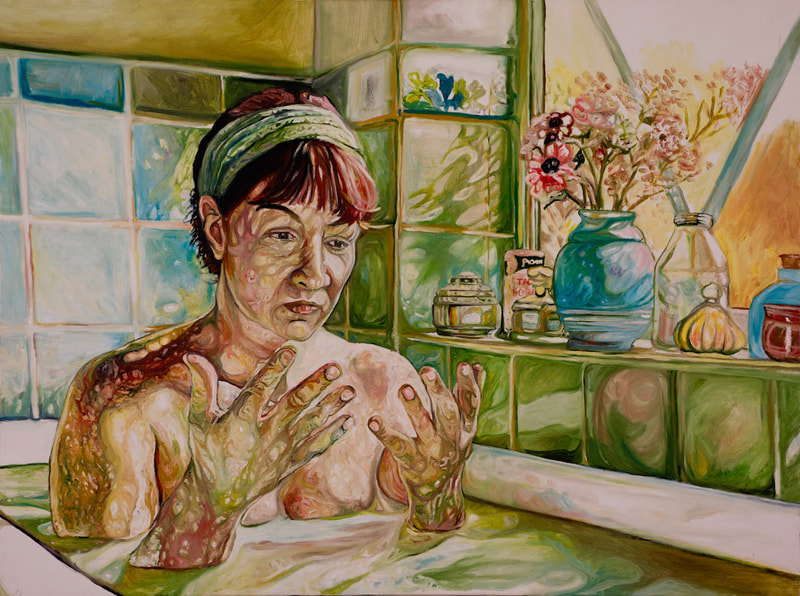 oil painting, in the bath, Doris Rose artist, portrait painting, figurative painting, To Have Pause