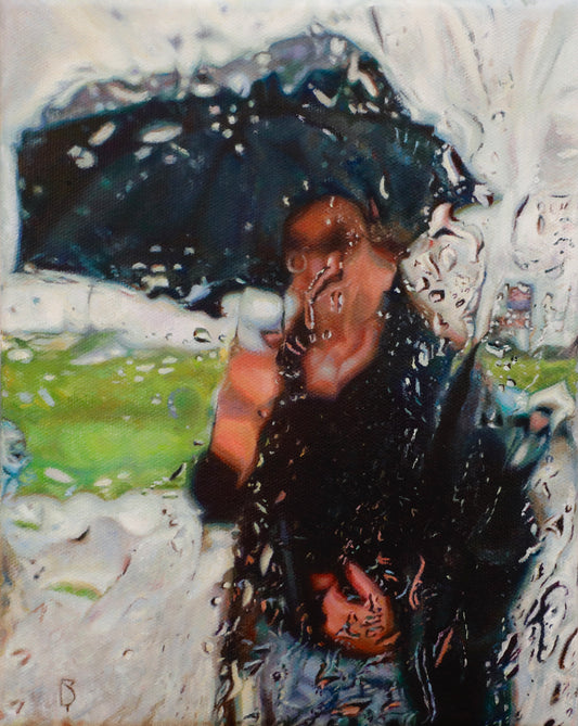 Original oil painting on canvas of a person with an umbrella through a rain distorted window